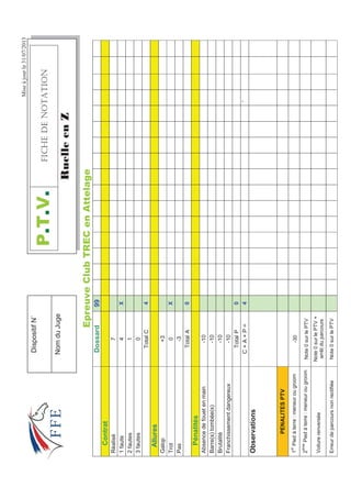 Miseàjourle31/07/2013
(SUHXYHOXE75(HQ$WWHODJH
Dossard99
Contrat
Réalisé7
1faute4X
2fautes1
3fautes0
TotalC4
Allures
Galop+3
Trot0X
Pas-3
TotalA0
Pénalités
Absencedefouetenmain-10
Barre(s)tombée(s)-10
Brutalité-10
Franchissementdangereux-10
TotalP0
C+A+P=4`
Observations
PENALITESPTV
1
er
Piedàterre:meneurougroom-30
2
ème
Piedàterre:meneurougroomNote0surlePTV
Voiturerenversée
Note0surlePTV+
arrêtduparcours
ErreurdeparcoursnonrectifiéeNote0surlePTV
379(+%*''016#6+10
5XHOOHHQ=
DispositifN˚
NomduJuge
 