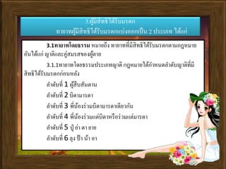 3.ผู้มีสิทธิได้รับมรดก
ทายาทผู้มีสิทธิได้รับมรดกแบ่งออกเป็น 2 ประเภท ได้แก่
3.1ทายาทโดยธรรม หมายถึง ทายาทที่มีสิทธิได้รับมรดกตามกฎหมาย
อันได้แก่ ญาติและคู่สมรสของผู้ตาย
3.1.1ทายาทโดยธรรมประเภทญาติ กฎหมายได้กาหนดลาดับญาติที่มี
สิทธิได้รับมรดกก่อนหลัง
ลาดับที่ 1 ผู้สืบสันดาน
ลาดับที่ 2 บิดามารดา
ลาดับที่ 3 พี่น้องร่วมบิดามารดาเดียวกัน
ลาดับที่ 4 พี่น้องร่วมแต่บิดาหรือร่วมแต่มารดา
ลาดับที่ 5 ปู่ ย่า ตา ยาย
ลาดับที่ 6 ลุง ป้า น้า อา
 