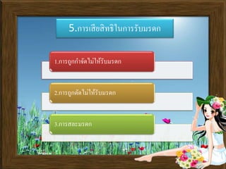 5.การเสียสิทธิในการรับมรดก
1.การถูกกาจัดไม่ให้รับมรดก
2.การถูกตัดไม่ให้รับมรดก
3.การสละมรดก
 