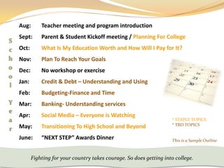 Aug:       Teacher meeting and program introduction
    Sept:      Parent & Student Kickoff meeting / Planning For College
S
c   Oct:       What Is My Education Worth and How Will I Pay for It?
h   Nov:       Plan To Reach Your Goals
o   Dec:       No workshop or exercise
o
    Jan:       Credit & Debt – Understanding and Using
l
    Feb:       Budgeting-Finance and Time
Y   Mar:       Banking- Understanding services
e
    Apr:       Social Media – Everyone is Watching
a                                                                      * STAPLE TOPICS
    May:       Transitioning To High School and Beyond                 * TBD TOPICS
r
    June:      “NEXT STEP” Awards Dinner                               This is a Sample Outline



           Fighting for your country takes courage. So does getting into college.
 