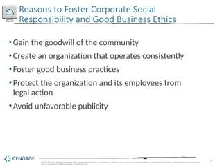 13
© 2019 Cengage. All Rights Reserved. May not be copied, scanned, or duplicated, in whole or in part, except for use as permitted in a license distributed with a certain product or service or other
wise on a password-protected website for classroom use.
•Gain the goodwill of the community
•Create an organization that operates consistently
•Foster good business practices
•Protect the organization and its employees from
legal action
•Avoid unfavorable publicity
Reasons to Foster Corporate Social
Responsibility and Good Business Ethics
 