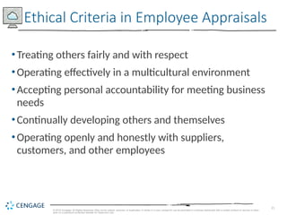 21
© 2019 Cengage. All Rights Reserved. May not be copied, scanned, or duplicated, in whole or in part, except for use as permitted in a license distributed with a certain product or service or other
wise on a password-protected website for classroom use.
•Treating others fairly and with respect
•Operating effectively in a multicultural environment
•Accepting personal accountability for meeting business
needs
•Continually developing others and themselves
•Operating openly and honestly with suppliers,
customers, and other employees
Ethical Criteria in Employee Appraisals
 