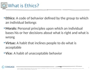 4
© 2019 Cengage. All Rights Reserved. May not be copied, scanned, or duplicated, in whole or in part, except for use as permitted in a license distributed with a certain product or service or other
wise on a password-protected website for classroom use.
•Ethics: A code of behavior defined by the group to which
an individual belongs
•Morals: Personal principles upon which an individual
bases his or her decisions about what is right and what is
wrong
•Virtue: A habit that inclines people to do what is
acceptable
•Vice: A habit of unacceptable behavior
What is Ethics?
 