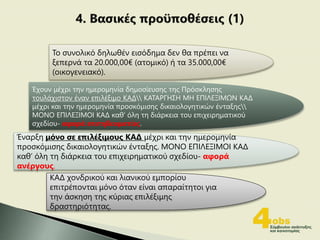 Έχουν μέχρι την ημερομηνία δημοσίευσης της Πρόσκλησης
τουλάχιστον έναν επιλέξιμο ΚΑΔ ΚΑΤΑΡΓΗΣΗ ΜΗ ΕΠΙΛΕΞΙΜΩΝ ΚΑΔ
μέχρι και την ημερομηνία προσκόμισης δικαιολογητικών ένταξης
ΜΟΝΟ ΕΠΙΛΕΞΙΜΟΙ ΚΑΔ καθ’ όλη τη διάρκεια του επιχειρηματικού
σχεδίου- αφορά επιτηδευματίες.
Έναρξη μόνο σε επιλέξιμους ΚΑΔ μέχρι και την ημερομηνία
προσκόμισης δικαιολογητικών ένταξης. ΜΟΝΟ ΕΠΙΛΕΞΙΜΟΙ ΚΑΔ
καθ’ όλη τη διάρκεια του επιχειρηματικού σχεδίου- αφορά
ανέργους.
ΚΑΔ χονδρικού και λιανικού εμπορίου
επιτρέπονται μόνο όταν είναι απαραίτητοι για
την άσκηση της κύριας επιλέξιμης
δραστηριότητας.
Το συνολικό δηλωθέν εισόδημα δεν θα πρέπει να
ξεπερνά τα 20.000,00€ (ατομικό) ή τα 35.000,00€
(οικογενειακό).
 