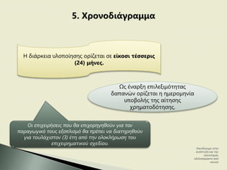 Η διάρκεια υλοποίησης ορίζεται σε είκοσι τέσσερις
(24) μήνες.
Ως έναρξη επιλεξιμότητας
δαπανών ορίζεται η ημερομηνία
υποβολής της αίτησης
χρηματοδότησης.
Οι επιχειρήσεις που θα επιχορηγηθούν για τον
παραγωγικό τους εξοπλισμό θα πρέπει να διατηρηθούν
για τουλάχιστον (3) έτη από την ολοκλήρωση του
επιχειρηματικού σχεδίου.
Επενδύουμε στην
ανάπτυξη και την
καινοτομία,
εξελισσόμαστε από
κοινού
 