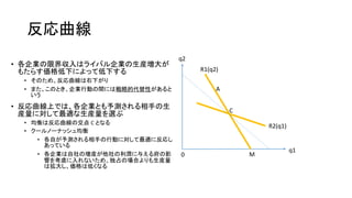 反応曲線
• 各企業の限界収入はライバル企業の生産増大が
もたらす価格低下によって低下する
• そのため、反応曲線は右下がり
• また、このとき、企業行動の間には戦略的代替性があると
いう
• 反応曲線上では、各企業とも予測される相手の生
産量に対して最適な生産量を選ぶ
• 均衡は反応曲線の交点 C となる
• クールノーナッシュ均衡
• 各自が予測される相手の行動に対して最適に反応し
あっている
• 各企業は自社の増産が他社の利潤に与える府の影
響を考慮に入れないため、独占の場合よりも生産量
は拡大し、価格は低くなる
q2
q1
0
R1(q2)
R2(q1)
M
C
A
 