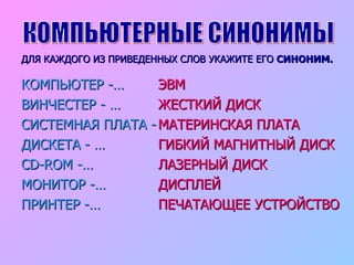 ДЛЯ КАЖДОГО ИЗ ПРИВЕДЕННЫХ СЛОВ УКАЖИТЕ ЕГО  СИНОНИМ. КОМПЬЮТЕР -…  ВИНЧЕСТЕР - … СИСТЕМНАЯ ПЛАТА -  ДИСКЕТА - … С D-ROM -… МОНИТОР -… ПРИНТЕР -… ЭВМ ЖЕСТКИЙ ДИСК МАТЕРИНСКАЯ ПЛАТА ГИБКИЙ МАГНИТНЫЙ ДИСК ЛАЗЕРНЫЙ ДИСК ДИСПЛЕЙ ПЕЧАТАЮЩЕЕ УСТРОЙСТВО КОМПЬЮТЕРНЫЕ СИНОНИМЫ 