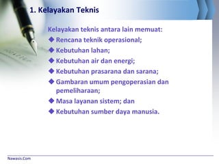Nawasis.Com
1. Kelayakan Teknis
Kelayakan teknis antara lain memuat:
Rencana teknik operasional;
Kebutuhan lahan;
Kebutuhan air dan energi;
Kebutuhan prasarana dan sarana;
Gambaran umum pengoperasian dan
pemeliharaan;
Masa layanan sistem; dan
Kebutuhan sumber daya manusia.
 