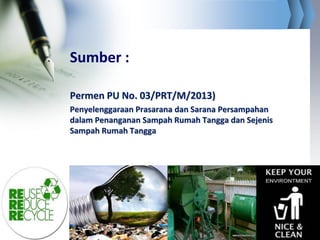 Nawasis.Com
Sumber :
Permen PU No. 03/PRT/M/2013)
Penyelenggaraan Prasarana dan Sarana Persampahan
dalam Penanganan Sampah Rumah Tangga dan Sejenis
Sampah Rumah Tangga
 