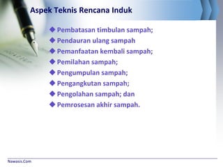 Nawasis.Com
Aspek Teknis Rencana Induk
Pembatasan timbulan sampah;
Pendauran ulang sampah
Pemanfaatan kembali sampah;
Pemilahan sampah;
Pengumpulan sampah;
Pengangkutan sampah;
Pengolahan sampah; dan
Pemrosesan akhir sampah.
 