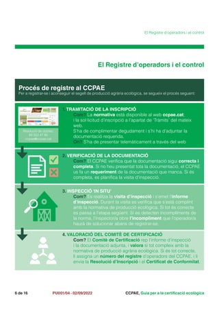 CCPAE, Guia per a la certificació ecològica
6 de 16 PU001/04 · 02/09/2022
El Registre d’operadors i el control
Procés de registre al CCPAE
Per a registrar-se i aconseguir el segell de producció agrària ecològica, se segueix el procés seguent:
1.TRAMITACIÓ DE LA INSCRIPCIÓ
Com? La normativa està disponible al web ccpae.cat;
i la sol·licitud d’inscripció a l’apartat de ‘Tràmits’ del mateix
web.
S’ha de complimentar degudament i s’hi ha d’adjuntar la
documentació requerida.
On? S’ha de presentar telemàticament a través del web
2. VERIFICACIÓ DE LA DOCUMENTACIÓ
Com? El CCPAE verifica que la documentació sigui correcta i
completa. Si no heu presentat tota la documentació, el CCPAE
us fa un requeriment de la documentació que manca. Si és
completa, es planifica la visita d’inspecció.
3. INSPECCIÓ ‘IN SITU’
Com? Es realitza la visita d’inspecció i s’emet l’informe
d’inspecció. Durant la visita es verifica que s’està complint
amb la normativa de producció ecològica. Si tot és correcte
es passa a l’etapa següent. Si es detecten incompliments de
la norma, l’inspector/a obre l’incompliment que l’operador/a
haurà de solucionar abans de registrar-se.
4. VALORACIÓ DEL COMITÈ DE CERTIFICACIÓ
Com? El Comitè de Certificació rep l’informe d’inspecció
i la documentació adjunta, i valora si tot compleix amb la
normativa de producció agrària ecològica. Si és tot correcte,
li assigna un número del registre d’operadors del CCPAE, i li
envia la Resolució d’Inscripció i el Certificat de Conformitat.
El Registre d’operadors i el control
Resolució de dubtes:
93 552 47 90
ccpae@ccpae.cat
 