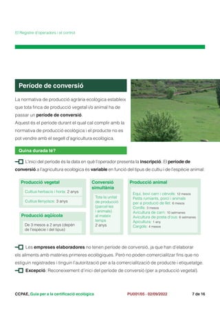 CCPAE, Guia per a la certificació ecològica 7 de 16
PU001/05 · 02/09/2022
La normativa de producció agrària ecològica estableix
que tota finca de producció vegetal i/o animal ha de
passar un període de conversió.
Aquest és el període durant el qual cal complir amb la
normativa de producció ecològica i el producte no es
pot vendre amb el segell d’agricultura ecològica.
Període de conversió
L’inici del període és la data en què l’operador presenta la inscripció. El període de
conversió a l’agricultura ecològica és variable en funció del tipus de cultiu i de l’espècie animal:
Quina durada té?
El Registre d’operadors i el control
Producció vegetal
Producció aqüícola
Producció animal
Cultius herbacis i horta: 2 anys
De 3 mesos a 2 anys (depèn
de l’espècie i del tipus)
Cultius llenyosos: 3 anys
Equí, boví carn i cèrvols: 12 mesos
Petits rumiants, porcí i animals
per a produció de llet: 6 mesos
Conills: 3 mesos
Avicultura de carn: 10 setmanes
Avicultura de posta d’ous: 6 setmanes
Apicultura: 1 any
Cargols: 4 mesos
Les empreses elaboradores no tenen període de conversió, ja que han d’elaborar
els aliments amb matèries primeres ecològiques. Però no poden comercialitzar fins que no
estiguin registrades i tinguin l’autorització per a la comercialització de producte i etiquetatge.
Excepció: Reconeixement d’inici del període de conversió (per a producció vegetal).
Conversió
simultània
Tota la unitat
de producció
(parcel·les
i animals)
al mateix
temps
2 anys
 