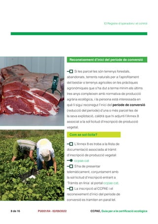 CCPAE, Guia per a la certificació ecològica
8 de 16 PU001/04 · 02/09/2022
Si les parcel·les són terrenys forestals,
abandonats, terrents naturals per a l’aprofitament
del bestiar o terrenys agrícoles on les pràctiques
agronòmiques que s’ha dut a terme mínim els últims
tres anys compleixen amb normativa de producció
agrària ecològica, i la persona està interessada en
què li sigui reconegut l’inici del període de conversió
(reducció del període) d’una o més parcel·les de
la seva explotació, caldrà que hi adjunti l’Annex 8
associat a la sol·licitud d’inscripció de producció
vegetal.
Reconeixement d’inici del període de conversió
El Registre d’operadors i el control
L’Annex 8 es troba a la llista de
documentació associada al tràmit
d’inscripció de producció vegetal:
ccpae.cat
S’ha de presentar
telemàticament, conjuntament amb
la sol·licitud d’inscripció entrant a
‘Tràmits en línia’ al portal ccpae.cat.
La inscripció al CCPAE i el
reconeixement d’inici del període de
conversió es tramiten en paral·lel.
Com se sol·licita?
 