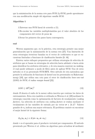 Revista Ingeniería de Sistemas Volumen XXVI, Septiembre 2012
que la minimización de la norma cero para SVM (l0-SVM) puede ...