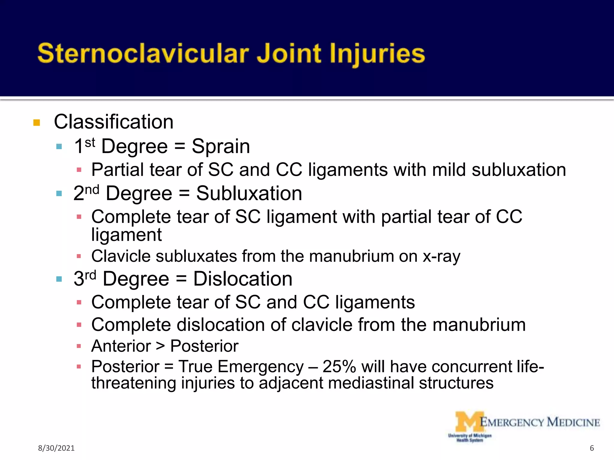  Classification
 1st Degree = Sprain
▪ Partial tear of SC and CC ligaments with mild subluxation
 2nd Degree = Subluxation
▪ Complete tear of SC ligament with partial tear of CC
ligament
▪ Clavicle subluxates from the manubrium on x-ray
 3rd Degree = Dislocation
▪ Complete tear of SC and CC ligaments
▪ Complete dislocation of clavicle from the manubrium
▪ Anterior > Posterior
▪ Posterior = True Emergency – 25% will have concurrent life-
threatening injuries to adjacent mediastinal structures
6
8/30/2021
 