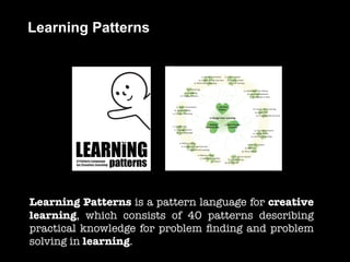 Learning Patterns

Learning Patterns : A Pattern Language for Creative Learning (ver. 0.80)

0 Design Your Learning

1 Mak...