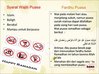 Syarat Wajib Puasa                           Fardhu Puasa
•   Islam.                 • Niat pada malam hari atau
                             menjelang subuh, namun puasa
•   Baligh                   sunah niatnya dapat dilafalkan
•   Berakal                  pada siang hari saat puasa.
•   Mampu untuk berpuasa     Niat puasa ramadhan sebagai
                             berikut :

                              ‫نوي تا صوما غدا عنا أدءاءا فرضا رمضنانا هذها‬
                               ِ ‫ذَ ِضْ ذَ ذَ ع ٍ ذَ ِضْ ذَ ذَ ا ِ ذَ ِضْ ا ِ ذَ ذَ ذَ ا ِ ذَ ا ِ ا‬           ْ‫ذَ ذَ ِض‬
                                                                                         ‫ءالَسنةا لا تعلى‬
                                                                                           َ‫َنّ ذَ ا ِ ا ِ ذَ ذَذ‬
                               Artinya: Aku puasa besok pagi
                               dari menunaikan fardhu bulan
                               Ramadhan ini tahun karena Allah
                               ta’ala
                           • Menahan diri dari segala sesuatu
                               yang membatalkan puasa.
                                                                                                 home
 