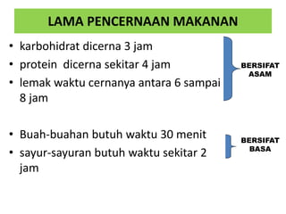 LAMA PENCERNAAN MAKANAN
• karbohidrat dicerna 3 jam
• protein dicerna sekitar 4 jam
• lemak waktu cernanya antara 6 sampai
8 jam
• Buah-buahan butuh waktu 30 menit
• sayur-sayuran butuh waktu sekitar 2
jam
BERSIFAT
ASAM
BERSIFAT
BASA
 