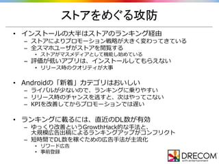 ストアをめぐる攻防
• インストールの大半はストアのランキング経由
– ストアによりプロモーション戦略が大きく変わってきている
– 全スマホユーザがストアを閲覧する
• ストアがマスメディアとして機能し始めている
– 評価が低いアプリは、インストールしてもらえない
• リリース時のクオリティが大事
• Androidの「新着」カテゴリはおいしい
– ライバルが少ないので、ランキングに乗りやすい
– リリース時のチャンスを逃すと、次はやってこない
– KPIを改善してからプロモーションでは遅い
• ランキングに載るには、直近のDL数が有効
– ゆっくり改善というGrowthHack的な手法と、
大規模広告出稿によるランキングアップがコンフリクト
– 短時間でDL数を稼ぐための広告手法が主流化
• リワード広告
• 事前登録
 