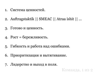 1. Система ценностей.
2. Auftragstaktik || SMEAC || Atraa ishit || ...
3. Готово и ценность.
4. Рост = бережливость.
5. Гибкость и работа над ошибками.
6. Приоритизация и вытягивание.
7. Лидерство и выход в поля.
Команда, 1 из 2
 