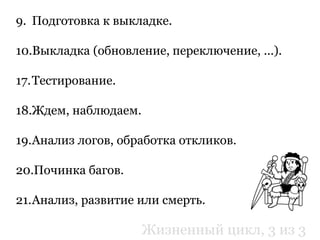 9. Подготовка к выкладке.
10.Выкладка (обновление, переключение, ...).
17.Тестирование.
18.Ждем, наблюдаем.
19.Анализ логов, обработка откликов.
20.Починка багов.
21.Анализ, развитие или смерть.
Жизненный цикл, 3 из 3
 