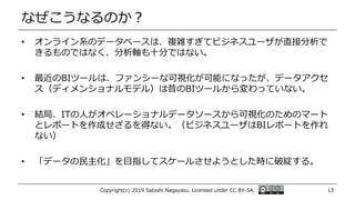 なぜこうなるのか？
• オンライン系のデータベースは、複雑すぎてビジネスユーザが直接分析で
きるものではなく、分析軸も十分ではない。
• 最近のBIツールは、ファンシーな可視化が可能になったが、データアクセ
ス（ディメンショナルモデル）は昔のBIツールから変わっていない。
• 結局、ITの人がオペレーショナルデータソースから可視化のためのマート
とレポートを作成せざるを得ない。（ビジネスユーザはBIレポートを作れ
ない）
• 「データの民主化」を目指してスケールさせようとした時に破綻する。
Copyright(c) 2019 Satoshi Nagayasu. Licensed under CC BY-SA. 13
 