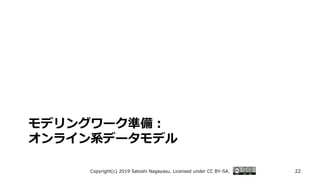 モデリングワーク準備：
オンライン系データモデル
Copyright(c) 2019 Satoshi Nagayasu. Licensed under CC BY-SA. 22
 
