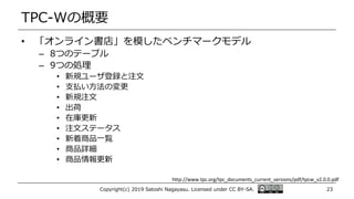 TPC-Wの概要
• 「オンライン書店」を模したベンチマークモデル
– 8つのテーブル
– 9つの処理
• 新規ユーザ登録と注文
• 支払い方法の変更
• 新規注文
• 出荷
• 在庫更新
• 注文ステータス
• 新着商品一覧
• 商品詳細
• 商品情報更新
Copyright(c) 2019 Satoshi Nagayasu. Licensed under CC BY-SA. 23
http://www.tpc.org/tpc_documents_current_versions/pdf/tpcw_v2.0.0.pdf
 