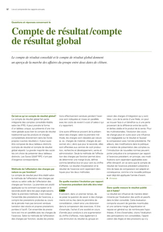 12 Lire et comprendre les rapports annuels
Qu’est-ce qu’un compte de résultat global?
Le compte de résultat global fait partie
intégrante des comptes consolidés établis
selon les IFRS. Il peut prendre la forme
d’un tableau unique, qui présente d’une ma-
nière globale aussi bien le compte de résultat
traditionnel que les produits et charges
comptabilisés directement dans les fonds
propres («autres résultats»). Il peut aussi
être composé de deux tableaux distincts
(compte de résultat et compte de résultat
global séparé). La grande majorité des socié-
tés ont choisi de présenter deux tableaux
distincts. Les Swiss GAAP RPC n’ont pas
d’exigence correspondante.
Méthode de l’affectation des charges par
nature ou par fonction?
Le compte de résultat peut être établi selon
la méthode de l’affectation des charges par
nature ou selon celle de l’affectation des
charges par fonction. La première est plutôt
appliquée sur le continent européen et la
seconde plutôt dans les pays anglo-saxons.
Selon la première méthode, il est indiqué
l’ensemble des prestations de l’exercice, y
compris les prestations produites au cours
de la période mais pas (encore) vendues
(variation des stocks et propres prestations
portées à l’actif). Cet ensemble de presta-
tions est mis en parallèle avec les charges de
l’exercice. Selon la méthode de l’affectation
des charges par fonction, seules les presta-
tions effectivement vendues pendant l’exer-
cice sont indiquées et mises en parallèle
avec les coûts de revient («cost of sales») qui
s’y rapportent.
Une autre différence provient de la présen-
tation des charges: selon la première mé-
thode, les charges sont classées par nature
(p. ex. charges de matériel, charges de per-
sonnel, etc.), alors que pour la seconde, elles
sont affectées aux centres de coût produc-
tion, recherche et développement, vente et
administration. Seule la méthode de l’affecta-
tion des charges par fonction permet donc
de déterminer une marge brute, définie
comme bénéfice brut en pour cent du chiffre
d’affaires. Le résultat d’exploitation et le
résultat de l’exercice sont cependant iden-
tiques pour les deux méthodes.
de quelle manière l’évolution par rapport
à l’exercice précédent doit-elle être inter-
prétée?
1
Il convient, dans un premier temps, de
se poser la question de savoir si des change-
ments ont eu lieu dans le périmètre de
consolidation, créant ainsi une distorsion
dans la comparaison des exercices. A titre
d’exemple, l’achat d’une société en cours
d’année peut conduire à une augmentation
du chiffre d’affaires, mais également à
une diminution du résultat du groupe en
raison des charges d’intégration qui y sont
liées. Lors de la vente d’une filiale, on peut
se trouver face à un bénéfice ou à une perte
provenant de la différence entre les actifs
et dettes cédés et le produit de la vente. Pour
les multinationales, l’évolution des cours
de change peut en outre avoir une influence
non négligeable sur le résultat et fausser
la comparaison avec l’année précédente. Par
ailleurs, des modifications dans la politique
en matière de présentation des comptes ou
l’introduction de nouvelles normes peuvent
porter préjudice à la comparaison par rapport
à l’exercice précédent; en principe, ces modi-
fications sont cependant applicables avec
effet rétroactif, en ce sens que le compte de
résultat de l’exercice précédent présenté à
titre de base de comparaison est adapté en
conséquence, comme si la nouvelle politique
avait déjà été appliquée l’année d’avant.
	 Annexe
dans quelle mesure le résultat publié
est-il fiable?
Le résultat est influencé de manière déter-
minante par l’évaluation des actifs et passifs
dans le bilan consolidé. Cette évaluation
comporte souvent de grandes incertitudes
et une certaine marge d’appréciation et
repose en général sur de nombreuses hypo-
thèses. A titre d’exemples, citons l’évaluation
des participations non consolidées, l’appré-
ciation des litiges et des provisions qui s’y
Questions et réponses concernant le
Compte de résultat/compte
de résultat global
Le compte de résultat consolidé et le compte de résultat global donnent
un aperçu de la marche des affaires du groupe entre deux dates de clôture.
 