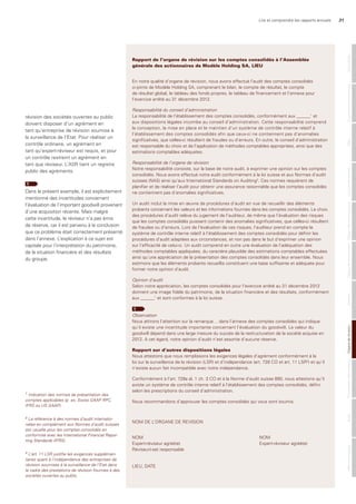 Lire et comprendre les rapports annuels 31
révision des sociétés ouvertes au public
doivent disposer d’un agrément en
tant qu’entreprise de révision soumise à
la surveillance de l’Etat. Pour réaliser un
contrôle ordinaire, un agrément en
tant qu’expert-réviseur est requis, et pour
un contrôle restreint un agrément en
tant que réviseur. L’ASR tient un registre
public des agréments.
1
Dans le présent exemple, il est explicitement
mentionné des incertitudes concernant
l’évaluation de l’important goodwill provenant
d’une acquisition récente. Mais malgré
cette incertitude, le réviseur n’a pas émis
de réserve, car il est parvenu à la conclusion
que ce problème était correctement présenté
dans l’annexe. L’explication à ce sujet est
capitale pour l’interprétation du patrimoine,
de la situation financière et des résultats
du groupe.
Rapport de l’organe de révision sur les comptes consolidés à l’Assemblée
générale des actionnaires de Modèle Holding SA, LIEU
En notre qualité d’organe de révision, nous avons effectué l’audit des comptes consolidés
ci-joints de Modèle Holding SA, comprenant le bilan, le compte de résultat, le compte
de résultat global, le tableau des fonds propres, le tableau de financement et l’annexe pour
l’exercice arrêté au 31 décembre 2012.
Responsabilité du conseil d’administration
La responsabilité de l’établissement des comptes consolidés, conformément aux 1
et
aux dispositions légales incombe au conseil d’administration. Cette responsabilité comprend
la conception, la mise en place et le maintien d’un système de contrôle interne relatif à
l’établissement des comptes consolidés afin que ceux-ci ne contiennent pas d’anomalies
significatives, que celles-ci résultent de fraudes ou d’erreurs. En outre, le conseil d’administration
est responsable du choix et de l’application de méthodes comptables appropriées, ainsi que des
estimations comptables adéquates.
Responsabilité de l’organe de révision
Notre responsabilité consiste, sur la base de notre audit, à exprimer une opinion sur les comptes
consolidés. Nous avons effectué notre audit conformément à la loi suisse et aux Normes d’audit
suisses (NAS) ainsi qu’aux International Standards on Auditing2
. Ces normes requièrent de
planifier et de réaliser l’audit pour obtenir une assurance raisonnable que les comptes consolidés
ne contiennent pas d’anomalies significatives.
Un audit inclut la mise en œuvre de procédures d’audit en vue de recueillir des éléments
probants concernant les valeurs et les informations fournies dans les comptes consolidés. Le choix
des procédures d’audit relève du jugement de l’auditeur, de même que l’évaluation des risques
que les comptes consolidés puissent contenir des anomalies significatives, que celles-ci résultent
de fraudes ou d’erreurs. Lors de l’évaluation de ces risques, l’auditeur prend en compte le
système de contrôle interne relatif à l’établissement des comptes consolidés pour définir les
procédures d’audit adaptées aux circonstances, et non pas dans le but d’exprimer une opinion
sur l’efficacité de celui-ci. Un audit comprend en outre une évaluation de l’adéquation des
méthodes comptables appliquées, du caractère plausible des estimations comptables effectuées
ainsi qu’une appréciation de la présentation des comptes consolidés dans leur ensemble. Nous
estimons que les éléments probants recueillis constituent une base suffisante et adéquate pour
former notre opinion d’audit.
Opinion d’audit
Selon notre appréciation, les comptes consolidés pour l’exercice arrêté au 31 décembre 2012
donnent une image fidèle du patrimoine, de la situation financière et des résultats, conformément
aux 1
et sont conformes à la loi suisse.
1
Observation
Nous attirons l’attention sur la remarque… dans l’annexe des comptes consolidés qui indique
qu’il existe une incertitude importante concernant l’évaluation du goodwill. La valeur du
goodwill dépend dans une large mesure du succès de la restructuration de la société acquise en
2012. A cet égard, notre opinion d’audit n’est assortie d’aucune réserve.
Rapport sur d’autres dispositions légales
Nous attestons que nous remplissons les exigences légales d’agrément conformément à la
loi sur la surveillance de la révision (LSR) et d’indépendance (art. 728 CO et art. 11 LSR3
) et qu’il
n’existe aucun fait incompatible avec notre indépendance.
Conformément à l’art. 728a al. 1 ch. 3 CO et à la Norme d’audit suisse 890, nous attestons qu’il
existe un système de contrôle interne relatif à l’établissement des comptes consolidés, défini
selon les prescriptions du conseil d’administration.
Nous recommandons d’approuver les comptes consolidés qui vous sont soumis.
NOM DE L’ORGANE DE REVISION
NOM NOM
Expert-réviseur agréé(e) Expert-réviseur agréé(e)
Réviseur(-se) responsable
LIEU, DATE
1
Indication des normes de présentation des
comptes applicables (p. ex. Swiss GAAP RPC,
IFRS ou US GAAP).
2
La référence à des normes d’audit internatio-
nales en complément aux Normes d’audit suisses
est usuelle pour les comptes consolidés en
conformité avec les International Financial Repor-
ting Standards (IFRS).
3
L’art. 11 LSR justifie les exigences supplémen-
taires quant à l’indépendance des entreprises de
révision soumises à la surveillance de l’Etat dans
le cadre des prestations de révision fournies à des
sociétés ouvertes au public.
MentionslégalesAuditPrésentationdescomptesOrganederévisionAnnexeTableaudefinancementTableaudesfondspropresComptederésultatBilanGouvernanced‘entrepriseGénéralités
 