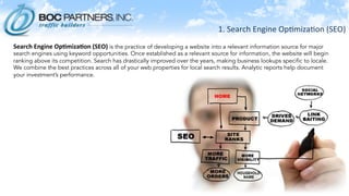 1.	
  Search	
  Engine	
  Op)miza)on	
  (SEO)	
  
Search	
  Engine	
  Op.miza.on	
  (SEO)	
  is the practice of developing a website into a relevant information source for major
search engines using keyword opportunities. Once established as a relevant source for information, the website will begin
ranking above its competition. Search has drastically improved over the years, making business lookups specific to locale.
We combine the best practices across all of your web properties for local search results. Analytic reports help document
your investment’s performance.
 
 