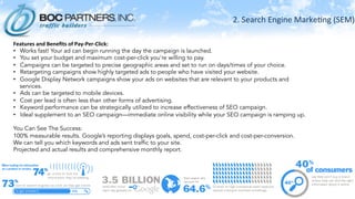 2.	
  Search	
  Engine	
  Marke)ng	
  (SEM)	
  
	
  
Features	
  and	
  Beneﬁts	
  of	
  Pay-­‐Per-­‐Click:	
  
•  Works fast! Your ad can begin running the day the campaign is launched.
•  You set your budget and maximum cost-per-click you’re willing to pay.
•  Campaigns can be targeted to precise geographic areas and set to run on days/times of your choice.
•  Retargeting campaigns show highly targeted ads to people who have visited your website.
•  Google Display Network campaigns show your ads on websites that are relevant to your products and
services.
•  Ads can be targeted to mobile devices.
•  Cost per lead is often less than other forms of advertising.
•  Keyword performance can be strategically utilized to increase effectiveness of SEO campaign.
•  Ideal supplement to an SEO campaign—immediate online visibility while your SEO campaign is ramping up.
You Can See The Success:
100% measurable results. Google’s reporting displays goals, spend, cost-per-click and cost-per-conversion.
We can tell you which keywords and ads sent traffic to your site.
Projected and actual results and comprehensive monthly report.
	
  
 