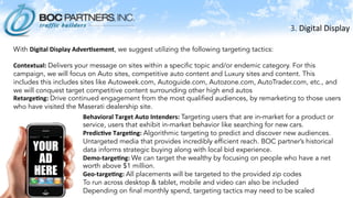 3.	
  Digital	
  Display	
  
	
  
Behavioral	
  Target	
  Auto	
  Intenders:	
  Targeting users that are in-market for a product or
service, users that exhibit in-market behavior like searching for new cars.
Predic.ve	
  Targe.ng:	
  Algorithmic targeting to predict and discover new audiences.
Untargeted media that provides incredibly efficient reach. BOC partner’s historical
data informs strategic buying along with local bid experience.
Demo-­‐targe.ng:	
  We can target the wealthy by focusing on people who have a net
worth above $1 million.
Geo-­‐targe.ng:	
  All placements will be targeted to the provided zip codes
To run across desktop & tablet, mobile and video can also be included
Depending on final monthly spend, targeting tactics may need to be scaled
With Digital	
  Display	
  Adver.sement, we suggest utilizing the following targeting tactics:
Contextual:	
  Delivers your message on sites within a specific topic and/or endemic category. For this
campaign, we will focus on Auto sites, competitive auto content and Luxury sites and content. This
includes this includes sites like Autoweek.com, Autoguide.com, Autozone.com, AutoTrader.com, etc., and
we will conquest target competitive content surrounding other high end autos
Retarge.ng:	
  Drive continued engagement from the most qualified audiences, by remarketing to those users
who have visited the Maserati dealership site.
 