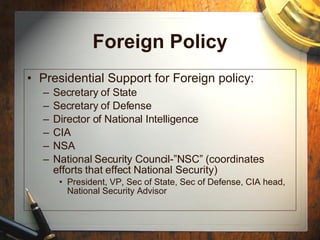 Foreign Policy Presidential Support for Foreign policy: Secretary of State Secretary of Defense Director of National Intelligence CIA NSA National Security Council-”NSC” (coordinates efforts that effect National Security) President, VP, Sec of State, Sec of Defense, CIA head, National Security Advisor 