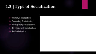 1.3 |Type of Socialization
 Primary Socialization
 Secondary Socialization
 Anticipatory Socialization
 Development Socialization
 Re-Socialization
 