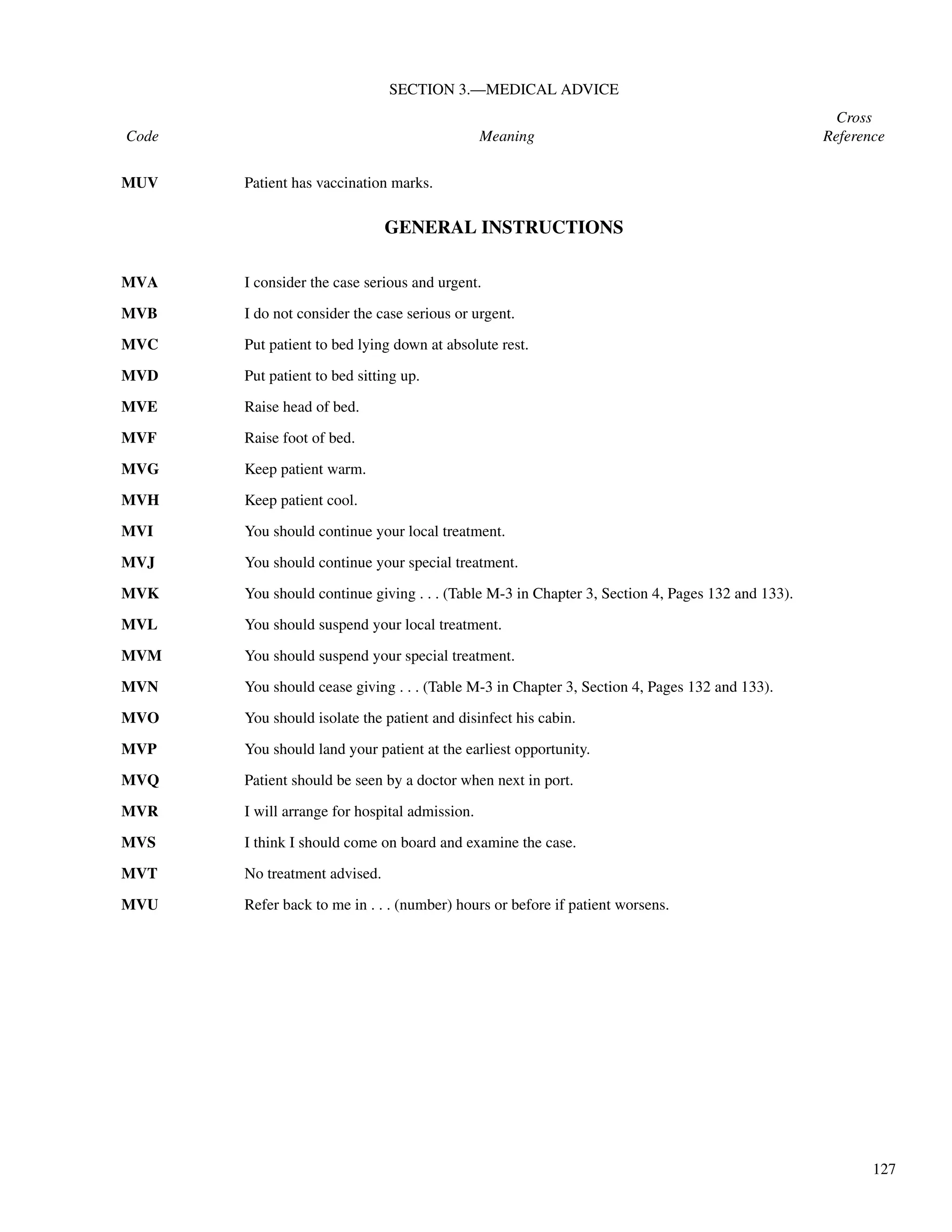 127
SECTION 3.—MEDICAL ADVICE
Cross
Code Meaning Reference
GENERAL INSTRUCTIONS
MUV Patient has vaccination marks.
MVA I consider the case serious and urgent.
MVB I do not consider the case serious or urgent.
MVC Put patient to bed lying down at absolute rest.
MVD Put patient to bed sitting up.
MVE Raise head of bed.
MVF Raise foot of bed.
MVG Keep patient warm.
MVH Keep patient cool.
MVI You should continue your local treatment.
MVJ You should continue your special treatment.
MVK You should continue giving . . . (Table M-3 in Chapter 3, Section 4, Pages 132 and 133).
MVL You should suspend your local treatment.
MVM You should suspend your special treatment.
MVN You should cease giving . . . (Table M-3 in Chapter 3, Section 4, Pages 132 and 133).
MVO You should isolate the patient and disinfect his cabin.
MVP You should land your patient at the earliest opportunity.
MVQ Patient should be seen by a doctor when next in port.
MVR I will arrange for hospital admission.
MVS I think I should come on board and examine the case.
MVT No treatment advised.
MVU Refer back to me in . . . (number) hours or before if patient worsens.
 