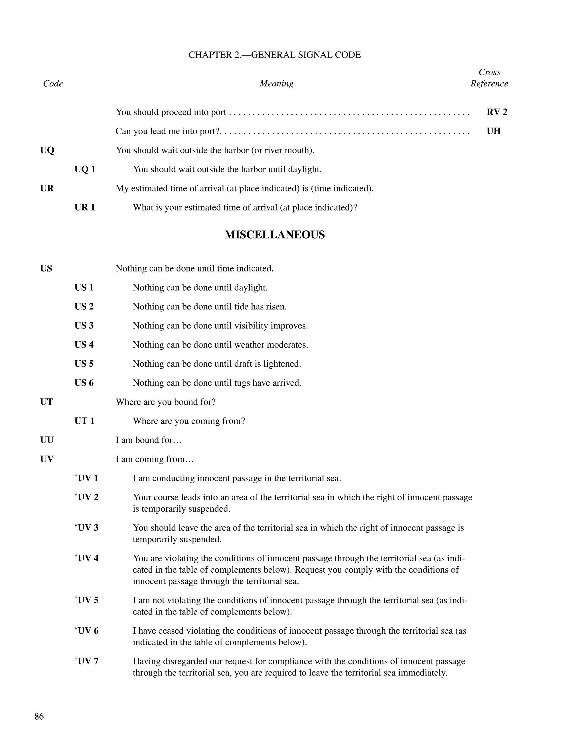 86
CHAPTER 2.—GENERAL SIGNAL CODE
Cross
Code Meaning Reference
MISCELLANEOUS
You should proceed into port . . . . . . . . . . . . . . . . . . . . . . . . . . . . . . . . . . . . . . . . . . . . . . . . . . . RV 2
Can you lead me into port?. . . . . . . . . . . . . . . . . . . . . . . . . . . . . . . . . . . . . . . . . . . . . . . . . . . . . UH
UQ You should wait outside the harbor (or river mouth).
UQ 1 You should wait outside the harbor until daylight.
UR My estimated time of arrival (at place indicated) is (time indicated).
UR 1 What is your estimated time of arrival (at place indicated)?
US Nothing can be done until time indicated.
US 1 Nothing can be done until daylight.
US 2 Nothing can be done until tide has risen.
US 3 Nothing can be done until visibility improves.
US 4 Nothing can be done until weather moderates.
US 5 Nothing can be done until draft is lightened.
US 6 Nothing can be done until tugs have arrived.
UT Where are you bound for?
UT 1 Where are you coming from?
UU I am bound for…
UV I am coming from…
*UV 1 I am conducting innocent passage in the territorial sea.
*UV 2 Your course leads into an area of the territorial sea in which the right of innocent passage
is temporarily suspended.
*UV 3 You should leave the area of the territorial sea in which the right of innocent passage is
temporarily suspended.
*UV 4 You are violating the conditions of innocent passage through the territorial sea (as indi-
cated in the table of complements below). Request you comply with the conditions of
innocent passage through the territorial sea.
*UV 5 I am not violating the conditions of innocent passage through the territorial sea (as indi-
cated in the table of complements below).
*UV 6 I have ceased violating the conditions of innocent passage through the territorial sea (as
indicated in the table of complements below).
*UV 7 Having disregarded our request for compliance with the conditions of innocent passage
through the territorial sea, you are required to leave the territorial sea immediately.
 