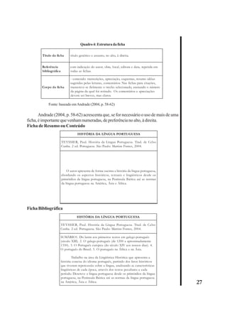 27 
Quadro 4: Estrutura da ficha 
Título da ficha título genérico e assunto, no alto, à direita. 
Referência 
bibliográfica 
Fonte: baseado em Andrade (2004, p. 58-62) 
Andrade (2004, p. 58-62) acrescenta que, se for necessário o uso de mais de uma 
ficha, é importante que venham numeradas, de preferência no alto, à direita. 
Ficha de Resumo ou Conteúdo 
Ficha Bibliográfica 
com indicação do autor, obra, local, editora e data, repetida em 
todas as fichas. 
Corpo da ficha 
- conteúdo: transcrições, apreciação, esquemas, resumo idéias 
sugeridas pelas leituras, comentários. Nas fichas para citações, 
transcreve-se fielmente o trecho selecionado, anotando o número 
da página da qual foi retirado. Os comentários e apreciações 
devem ser breves, mas claros. 
HISTÓRIA DA LÍNGUA PORTUGUESA 
TEYSSIER, Paul. História da Língua Portuguesa. Trad. de Celso 
Cunha. 2 ed. Portuguesa. São Paulo: Martins Fontes, 2004. 
O autor apresenta de forma sucinta a história da língua portuguesa, 
abordando os aspectos históricos, textuais e lingüísticos desde os 
primórdios da língua portuguesa, na Península Ibérica até as normas 
da língua portuguesa na América, Ásia e África. 
HISTÓRIA DA LÍNGUA PORTUGUESA 
TEYSSIER, Paul. História da Língua Portuguesa. Trad. de Celso 
Cunha. 2 ed. Portuguesa. São Paulo: Martins Fontes, 2004. 
SUMÁRIO1. Do latim aos primeiros textos em galego-português 
(século XIII). 2. O galego-português (de 1200 a aproximadamente 
1350). 3. O Português europeu (do século XIV aos nossos dias). 4. 
O português do Brasil. 5. O português na África e na Ásia. 
Trabalho na área da Lingüística Histórica que apresenta a 
história concisa do idioma português, partindo dos fatos históricos 
que tiveram repercussão sobre a língua, analisando as características 
lingüísticas de cada época, através dos textos peculiares a cada 
período. Descreve a língua portuguesa desde os primórdios da língua 
portuguesa, na Península Ibérica até as normas da língua portuguesa 
na América, Ásia e África. 
 