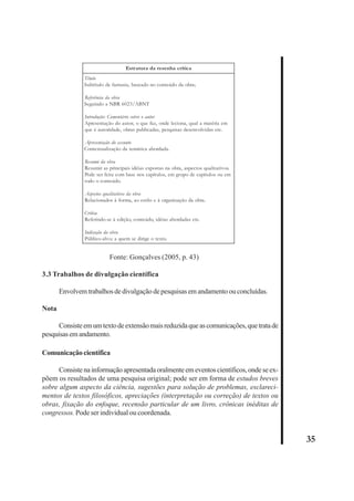 35 
Estrutura da resenha crítica 
Título 
Subtítulo de fantasia, baseado no conteúdo da obra; 
Referência da obra 
Seguindo a NBR 6023/ABNT 
Introdução: Comentário sobre o autor 
Apresentação do autor, o que faz, onde leciona, qual a matéria em 
que é autoridade, obras publicadas, pesquisas desenvolvidas etc. 
Apresentação do assunto 
Contextualização da temática abordada. 
Resumo da obra 
Resumir as principais idéias expostas na obra, aspectos qualitativos. 
Pode ser feita com base nos capítulos, em grupo de capítulos ou em 
todo o conteúdo. 
Aspectos qualitativos da obra 
Relacionados à forma, ao estilo e à organização da obra. 
Crítica 
Referindo-se à edição, conteúdo, idéias abordadas etc. 
Indicação da obra 
Público-alvo; a quem se dirige o texto. 
Fonte: Gonçalves (2005, p. 43) 
3.3 Trabalhos de divulgação científica 
Envolvem trabalhos de divulgação de pesquisas em andamento ou concluídas. 
Nota 
Consiste em um texto de extensão mais reduzida que as comunicações, que trata de 
pesquisas em andamento. 
Comunicação científica 
Consiste na informação apresentada oralmente em eventos científicos, onde se ex-põem 
os resultados de uma pesquisa original; pode ser em forma de estudos breves 
sobre algum aspecto da ciência, sugestões para solução de problemas, esclareci-mentos 
de textos filosóficos, apreciações (interpretação ou correção) de textos ou 
obras, fixação do enfoque, recensão particular de um livro, crônicas inéditas de 
congressos. Pode ser individual ou coordenada. 
 