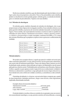 9 
Há diversos métodos científicos, que são determinados pelo tipo de objeto a inves-tigar 
e pela classe de propósitos a descobrir. Para os fins pretendidos neste trabalho, 
podem-se classificá-los em dois grandes grupos: métodos gerais, ou métodos de aborda-gem 
e os métodos de procedimentos. Vejamos com mais detalhes. 
1.6.1 Métodos de abordagem 
Os métodos gerais, também chamados de métodos de abordagem, são os que 
proporcionam as bases lógicas da investigação científica. Esses métodos referem-se ao 
plano geral do trabalho, ao processo de raciocínio adotado, baseando-se em princípios 
lógicos. Nesse sentido, são essencialmente racionais e exclusivos entre si e podem ser 
utilizados em várias ciências. Classificam-se em dedutivo, indutivo, hipotético-deduti-vo, 
dialético e fenomenológico e estão vinculados, conforme Gil (2006, p. 27), a uma 
das correntes filosóficas que se propõem a explicar como se processa o conhecimento da 
realidade. 
Método Dedutivo racionalismo 
Método Indutivo empirismo 
Método Hipotético-dedutivo neopositivismo 
Método Dialético materialismo dialético 
Método Fenomenológico fenomenologia 
Método dedutivo 
De acordo com a acepção clássica, é aquele que parte de verdades universais para 
obter conclusões particulares, ou seja, parte de teorias e de leis gerais para a determina-ção 
ou previsão de fenômenos particulares. Trata-se de objetos ideais, pertence ao nível 
da abstração sendo, portanto, muito utilizado na Lógica e na Matemática, mas de menor 
aplicação nas ciências sociais. É defendido pelos racionalistas como Descartes, Spinoza, 
Leibniz, segundo os quais apenas a razão é capaz de levar ao conhecimento verdadeiro. 
Destina-se a demonstrar e a justificar e exige aplicação de recursos lógico-discursivos. 
Esse método tem como critérios de verdade a coerência, a consistência e a não-contradi-ção. 
O protótipo da dedução é o silogismo, um raciocínio lógico composto que, a partir 
de duas preposições chamadas premissas, chega a uma terceira, nelas logicamente 
implicadas, denominada conclusão. 
Exemplo clássico de raciocínio dedutivo: 
Todo homem é mortal: ___________________universal, geral; 
João é homem __________________________ particular; 
Logo, João é mortal. _____________________ Conclusão. 
O método dedutivo recebeu críticas no sentido de ser apontado como um raciocí-nio 
essencialmente tautológico, ou seja, permite concluir, de forma diferente, a mesma 
 