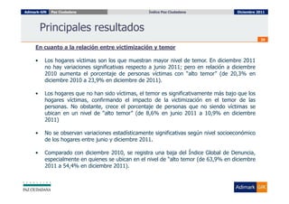 Adimark-GfK   Paz Ciudadana                         Índice Paz Ciudadana
                                                      Índice Paz Ciudadana             Diciembre 2011




         Principales resultados
                                                                                                  29

     En cuanto a la relación entre victimización y temor

     •    Los hogares víctimas son los que muestran mayor nivel de temor. En diciembre 2011
          no hay variaciones significativas respecto a junio 2011; pero en relación a diciembre
          2010 aumenta el porcentaje de personas víctimas con “alto temor” (de 20,3% en
          diciembre 2010 a 23,9% en diciembre de 2011).

     •    Los hogares que no han sido víctimas, el temor es significativamente más bajo que los
          hogares víctimas, confirmando el impacto de la victimización en el temor de las
          personas. No obstante, crece el porcentaje de personas que no siendo víctimas se
          ubican en un nivel de “alto temor” (de 8,6% en junio 2011 a 10,9% en diciembre
          2011)

     •    No se observan variaciones estadísticamente significativas según nivel socioeconómico
          de los hogares entre junio y diciembre 2011.

     •    Comparado con diciembre 2010, se registra una baja del Índice Global de Denuncia,
          especialmente en quienes se ubican en el nivel de “alto temor (de 63,9% en diciembre
          2011 a 54,4% en diciembre 2011).
 