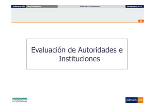 Adimark-GfK   Paz Ciudadana    Índice Paz Ciudadana
                                 Índice Paz Ciudadana   Diciembre 2011




                                                                   36




                 Evaluación de Autoridades e
                         Instituciones
 