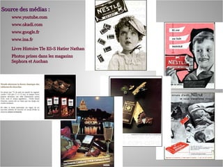 Source des médias :   www.youtube.com www.okadi.com www.google.fr www.ina.fr Livre Histoire Tle ES-S Hatier Nathan Photos prises dans les magasins Sephora et Auchan 