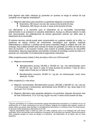 28
Este régimen sólo debe utilizarse en pacientes en quienes se tenga la certeza de que
cumplirán con el régimen ambulatorio6
.
c. Régimen alternativo para pacientes no gestantes alérgicas a la penicilina:
Doxiciclina, 200 mg por vía oral, dos veces al día durante 30 días.
Tetraciclina, 500 mg por vía oral, 4 veces al día durante 30 días
Las alternativas a la penicilina para el tratamiento de la neurosífilis mencionadas
anteriormente no se evaluaron en estudios sistemáticos. Aunque su eficacia todavía no está
bien documentada, las cefalosporinas de tercera generación podrían ser útiles para el
tratamiento de la neurosífilis.
El sistema nervioso central puede estar comprometido en cualquier estadío de la sífilis. La
presencia de signos clínicos de compromiso neurológico (por ejemplo, síntomas
oftalmológicos o auditivos, o parálisis de los pares craneales) obliga al análisis del LCR. Sin
embargo, este análisis también está indicado en todos los pacientes con sífilis de más de dos
años de duración, o de duración incierta, para evaluar la posible presencia de neurosífilis
asintomática. Algunos especialistas recomiendan consultar al neurólogo cuando se trate a un
paciente con neurosífilis. Es fundamental el seguimiento meticuloso.
Sífilis congénita precoz (hasta 2 años de edad y niños con LCR anormal)7
a. Régimen recomendado
Bencilpenicilina acuosa 100,000 a 150,000 UI / kg / día administradas como
50.000 UI / kg / dosis IV cada 12 horas durante los primeros 7 días de vida y
luego cada 8 horas por un total de 10 días.
Bencilpenicilina procaína, 50.000 UI / kg por vía intramuscular, como única
dosis por 10 días
Sífilis congénita (2 o más años)
a. Régimen recomendado: Bencilpenicilina acuosa, 200.000 a 300.000 UI / kg / día por
vía intramuscular o endovenosa, administrada como 50.000 UI / kg / dosis cada 4 a 6
horas por 10 a 14 días.
b. Régimen alternativo para pacientes alérgicos a la penicilina, después del primer mes
de vida: Eritromicina, 7,5 a 12,5 mg / kg por vía oral, 4 veces al día durante 30 días.
6
Algunas autoridades en la materia recomiendan agregar Bencilpenicilina benzatínica, 2,4 millones UI por vía
intramuscular, en 3 dosis consecutivas una vez por semana, después de completar este régimen, aunque no
existen datos que apoyen este abordaje. La bencilpenicilina benzatínica, 2,4 millones UI por vía intramuscular,
no alcanza niveles terapéuticos adecuados en el LCR.
7
Algunos especialistas tratan a todos los niños con sífilis congénita como si los hallazgos del LCR fueran
anormales. No se recomiendan otros antibióticos a excepción de la penicilina (por ejemplo, eritromicina) para la
sífilis congénita excepto en casos de alergia a la penicilina. Las tetraciclinas no se deben usar en niños
pequeños.
 