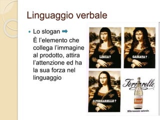Linguaggio verbale
 Lo slogan
È l’elemento che
collega l’immagine
al prodotto, attira
l’attenzione ed ha
la sua forza nel
linguaggio
 