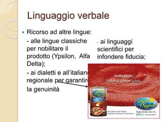 Linguaggio verbale
 Ricorso ad altre lingue:
- alle lingue classiche
per nobilitare il
prodotto (Ypsilon, Alfa
Delta);
- ai dialetti e all’italiano
regionale per garantire
la genuinità
- ai linguaggi
scientifici per
infondere fiducia;
- alle lingue straniere;
 