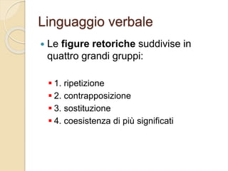 Linguaggio verbale
 Le figure retoriche suddivise in
quattro grandi gruppi:
 1. ripetizione
 2. contrapposizione
 3. sostituzione
 4. coesistenza di più significati
 