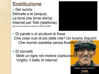 Sostituzione
 Del suono
Delicata a te (acqua)
La birra che birrei (birra)
Internet per Totti (telefonia)
http://www.youtube.com/watch?v=XQHi17hkd6Q
 Di parole o di strutture di frase
Che cosa vuoi di più dalla vita? Un lucano (liquori)
Che mondo sarebbe senza Nutella?
 Di concetti
Metti un tigre nel motore (carburanti)
Virgilio, il bello di internet
 