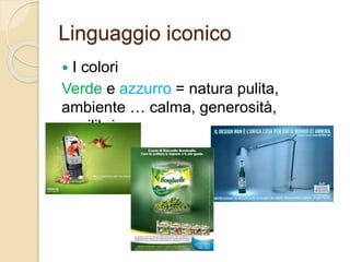 Linguaggio iconico
 I colori
Verde e azzurro = natura pulita,
ambiente … calma, generosità,
equilibrio
 