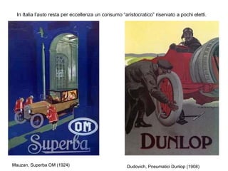 In Italia l’auto resta per eccellenza un consumo “aristocratico” riservato a pochi eletti.

Mauzan, Superba OM (1924)

Dudovich, Pneumatici Dunlop (1908)

 